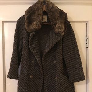 Zara Knit Wool Coat with Fur Collar